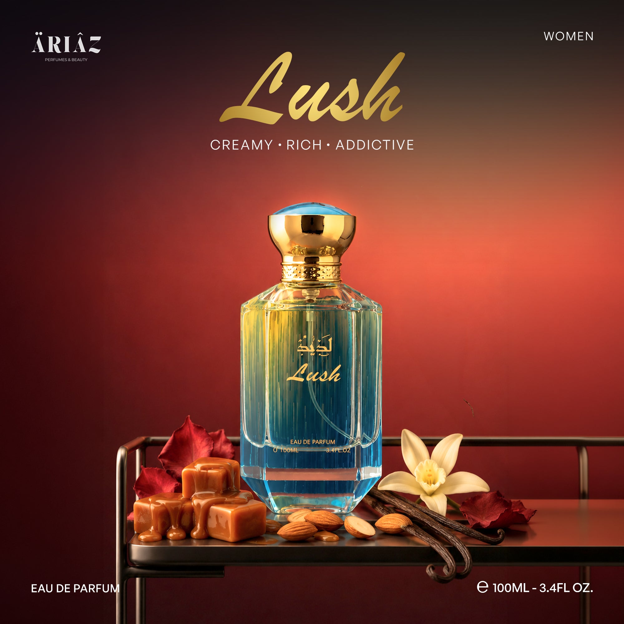 LUSH by ARIAZ 3.4oz/100ml Eau De Parfum For Her - Nutty Gourmand